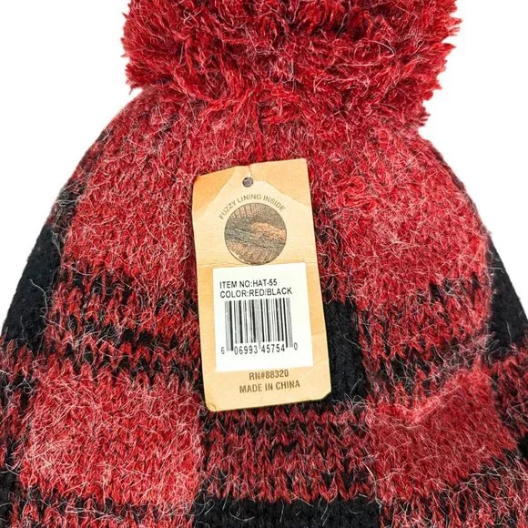 C.C. NWT Fleece Lined Red Plaid Fuzzy Ball Winter Hat Beanie - Picture 3 of 8